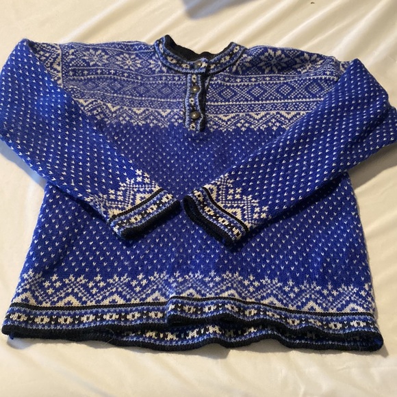LL BEAN Vintage Henley Fair Isle 100% Merino Wool  Blue Sweater Fall Winter Sz M - Picture 3 of 10